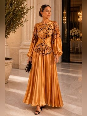 Acler Fernlea Golden Pleated Satin Maxi Dress with Black Embellishment